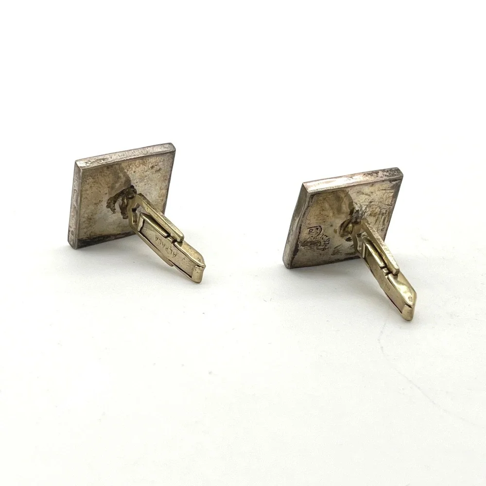 Vintage Sterling Silver Alpaca Mexico Abalone Shell Inlay Square Cufflinks